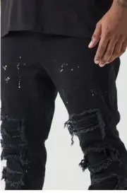 Boohoo MAN Mens 40 (Actual 36x29) Black Skinny Jeans Distressed Paint Splatter