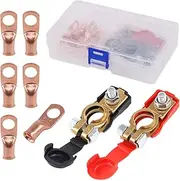 Hilitchi 1 Pair Car Battery Terminal Connectors Clamp and 6 Pcs Wire Lugs Battery Cable Ends Copper Eyelets Negative and Positive Top Post Copper Corrosion Resistance for Car Van and More