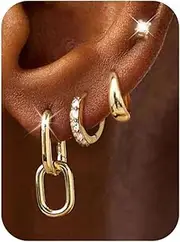[vdwv] 4 Pairs Gold Simple Zircon Earrings Set for Women Chunky Huggie Hoop Earrings Trendy Stack Cartilage Piercing Jewelry Flat Back Stud Earings Paper Clips Dangle Earrings Set