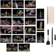 20PCS Scratch Art Paper DIY Night View Scratchboard Rainbow Painting Art Craft Scratch World Famous City Landmarks DIY Art Set with Tools Kit (A5 Size)