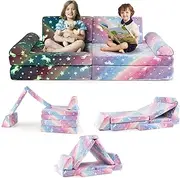 HONEY JOY 8 PCS Modular Kids Play Couch, Glow in The Dark Toddler Sectional Sofa with Handles, Machine Washable Covers, Convertible Sofa Foam Couch for Playroom & Kids Room Furniture (Colorful)