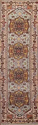 Light Blue Heriz Serapi Indian Hand-Knotted Runner Rug for Hallway 3x10 ft.