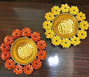 Agaas Enterprises Beautiful Golden Flower Decorative Pot/ Bowl for Floating Flower Urili/Urli Bowl Floating Candle/Potpourri Round Diya Flower (Set of 2)