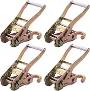 BoxerTool 4 Pack Heavy Duty 2" Ratchet Buckle with Swivel J Hook, Double Locking, Breaking Strength 6,600lbs Towing, Cargo Control Tie Down (Regular Handle - Yellow Chrome)