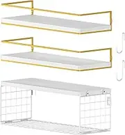 WOCOPIA Bathroom Shelves, Set of 3 Floating Shelves Wall Mounted with Toilet Paper Storage Basket & Hooks, Hanging Shelf for Bathroom Organizers and Storage, Kitchen, Living Room, Bedroom White-Gold