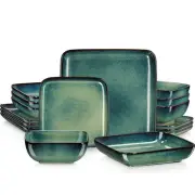 Stern Green Dinner Set- Square Reactive Glaze Tableware- 16 Pieces Kitchen Di...