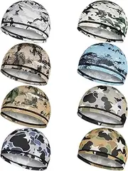 [Besforta] 8 Pcs Cooling Skull Caps Helmet Liner Sweat Wicking Hat Sports Running Cycling Beanie for Men Women, Novel Camouflage, One Size