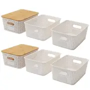 6 Pack Plastic Baskets with Bamboo Lids for Organizing, Stackable Storage Bin...