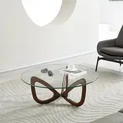 Gucci Round Glass Coffee Table - Nordic Walnut 12 mm Transparent Tempered Glass Coffee Table Decor - Solid Ashwood Mid Century Style - Modern Coffee Tables for Living Room Furniture