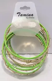 Tamina Green Gold tone thin set pack of 7 kids girls bangle bracelet 7 1/8" long
