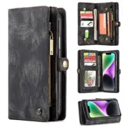CaseMe For Apple iPhone 15/14/13 Zipper & Detachable Retro Leather Pouch Wallet Flip Purse Bag Detachable Phone Case Cover (Black)