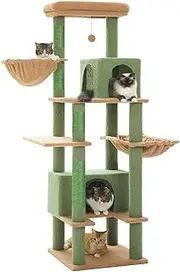 PAWZ Road 168cm Cat Tree for Indoor Large Cats, Multi-Level Cat Tower with Scratching Post, Super Large Hammock, Basket, 2 Cave Condos and Spacious Top Perch, Green