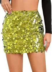 [ZPLxi] Women's Classic Glitter Skirt Sparkly Sequin Stretchy Bodycon Mini Skirts Side Zipper Double Layer Shiny Skirt