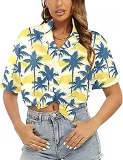 [Generic] Women's Short Sleeve T Shirt, Comfy Button Down T-Shirt,Soft Beach Summer Tops Blouses, Palm Shadow Shore Light-117