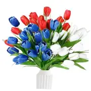 36 Pcs Patriotic Artificial Flowers Memorial Tulips Bouquet Fake Red White
