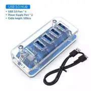 4 Port USB 3.0 Transparent Rectangular Hub USB3.0 Connector & MicroUSB Power New