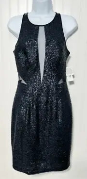 Aidan Mattox Women's Straps Cut Out Sequin Illusion Dress Black Navy Size 6 NWT