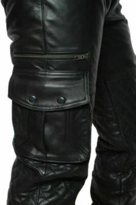 Mens Real Leather Pants Cargo Quilted Panel Gay Interest BLUF Pants Size(XS-7XL)