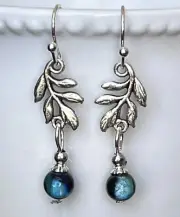 Beautiful Etched Silver Leaf and Two Tone Green Beads Dangle Earrings.