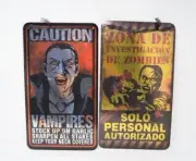 2 hard paper Halloween decor hanging signs Vampire Dracula & Zombie double sided