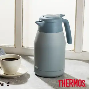 期間限定【THERMOS膳魔師】不鏽鋼淺墨藍按壓式保溫壺1500ml+旋蓋保溫杯400ml(THS-1501+JCG-400)(保溫瓶)