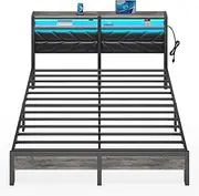 Seventable Bed Frame King Size with Charging Station, LED Bed with Upholstered Storage Headboard, Metal Platform Bed with Under Bed Storage, No Box Spring Needed, Noise Free, Easy Assembly, Black