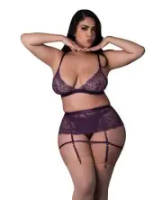 Womens Plus Size Lingerie Plum Leather & Lace Bralette & Garter Skirt Set 1X-3X