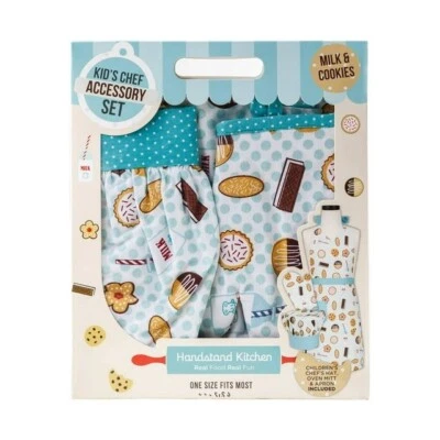 Kid's Kitchen Baking 3-Piece Set Hat Oven Mitt Apron Milk & Cookies Print (New)