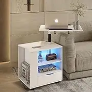 Luxsuite Smart Bedside Table with Wheels LED Nightstand Cabinet Storage Bedroom High Gloss Finish with Adjustable Laptop Desk USB & Type C Ports White