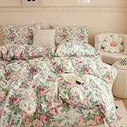 HighBuy Luxury Cotton Duvet Cover Queen Pink Floral Coquette Bedding Set Aesthetic Floral Duvet Cover Set for Teen Girls Botanical Soft Comforter Cover with 2 Pillowcases,Queen Set