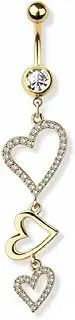 [Pierced Owl] 14GA 316L Stainless Steel CZ Crystal Triple Heart Outline Dangling Belly Button Ring