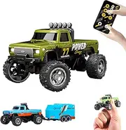 Flashstar Mini Rc Truck, 1:64 Scale Monster Truck Remote Control Car with Lights, 2.4Ghz Remote Control, Speed/Steering Adjustable (Green)