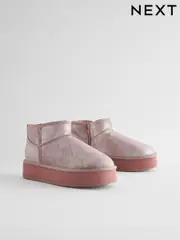 Dusky Pink Metallic Shower Repellent Suede Faux Fur Lined Platform Boots (B90427) | $28