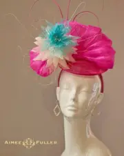 Aimee Fuller KY Derby Hat Hot Pink Bow Big Fascinator Cream Aqua Turquoise Blue