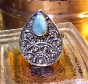 Genuine 925 Sterling Silver Natural Larimar Boho Ring Size 7.75