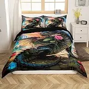 Erosebridal 3D Dragon Bedding Full Size Magical Animal Comforter Cover for Kids Boys Girls, Pink Rose Flower Bed Set Ancient Wildlife Duvet Cover, Red Floral Quilt Cover (Zipper Closure)