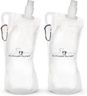 Survivor Filter Clear Collapsible Water Bottle Canteens - Travel Water Bottle - Includes Carabiners - Use with Our Straw Filter or as Foldable Water Bottles - BPA Free - White - 2 x 32oz / 1 Liter