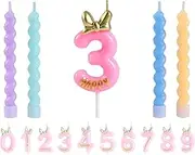 EAKE Pink Number 3 Candle with Bow Bowknot Bowtie, 1 Birthday Candle with 4 Pc Macaron Spiral Candle for Happy 3rd Mouse Theme Birthday Cake Topper Party Supplies Decor