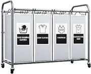C&AHOME 4-Bag Laundry Sorter Cart, Laundry Basket Organizer Hamper, Removable Bags with 6 Sorting Cards and Heavy Duty Rolling Lockable Wheels for Clothes Storage, 39.4" L x 16.9" W x 31.5" H Grey
