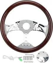 15in Wood Steering Wheel, Classic Nostalgia, 3 Spoke 6 Hole, Stainless Steel Spokes, Wooden Grip with Automotive Enamel Paint, Universal Modification for Vintage Retro Cars