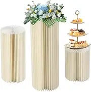 3 Pcs Cylinder Pedestal Stand Elegant White Cardboard Cylinder Stands Foldable Reusable Wedding Dessert Cake Stand with Acrylic Lid for Anniversary Christmas Displays 11/15/19 in Dia.