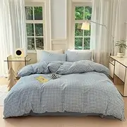 Ruccit Blue Gingham Duvet Cover King Size 100% Washed Cotton White Plaid Grid Duvet Cover Set King Checkered Pattern 3PCS Quilt Cover Bedding Set with Zipper Closure Corner Ties,Soft,Breathable