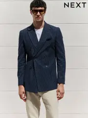 Navy Blue Regular Fit Linen Blend Stripe Double Breasted Blazer (AF7215) | $180
