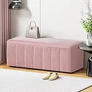 Artiss Upholstered Storage Ottoman, Foot Rest Stool Bench Padded Seat Blanket Box Chest Bedroom Living Room Indoor, 103 x 41.5 x 40cm Pink Open Lid Velvet Vertical Stripe Side