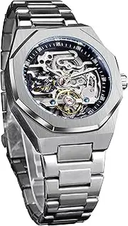 [FORSINING] Vintage Watch for Men Engraved Automatic Self-Wind Mechanical Big Dial Luminous Moon Phase Golden Hollow Tattoo Pattern Wrist Watches, Mechanical