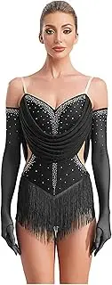 [Hedmy] Womens Rhinestones Jazz Latin Dance Leotard With Gloves Salsa Chacha Rumba Tassel Bodysuit