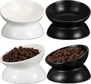 Didaey 4 Pcs Ceramic Raised Cat Food Bowls Elevated Tilted Cat Bowls Dishes, Whisker Fatigue, Backflow Prevention, Dishwasher and Microwave Safe, Water and Food Dish Set(White, Black)