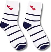 [Draper James] Women's Stripe and Heart Print Mid Calf Crew Socks, Cotton Blend Holiday Socks, Navy Stripes and Hearts, Navy Stripes With Hearts, 6-10
