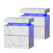 Oikiture Set of 2 Bedside Table 2 Drawers LED Marble Effect White