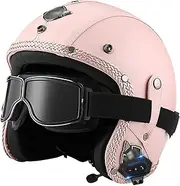 Vintage Motorbike Helmet Bluetooth Open Helmet with Bluetooth and Goggles Moped Jet Helmet for Adult Men Ladies Cruiser Chopper Street Racing DOT/ECE Approved